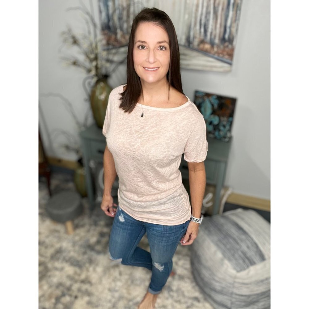 Wide Boat Neck Dolman Gauze Rolled Sleeve Ruched Sides Tunic Top Blush Pink 0123